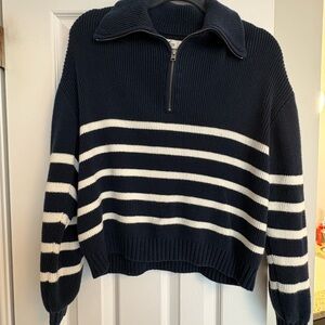 Hollister Navy and White Striped zip Sweater